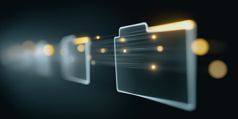 Abstract illuminated translucent digital file folders transmit data, symbolizing seamless data transfer and digital data flow. Modern concept for data storage and network technology.