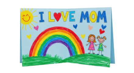 Childrens drawing of I Love Mom with rainbow and sun children art