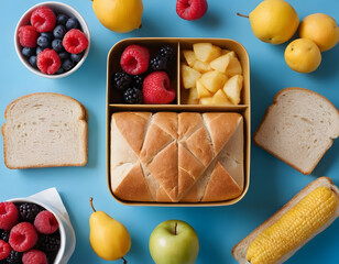 healthy breakfast with bread, Wholesome lunchtime concept portrayed from a top-down view. The lunchbox holds nutritious sandwiches, fruits, nuts and berries on blue isolated background, offering copie