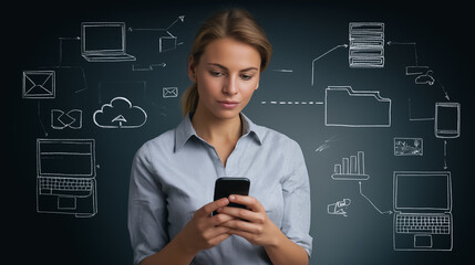 A young woman absorbed in her phone, with network elements illustrations, showcasing modern connectivity and digital integration.