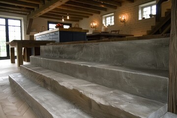 A modern interior featuring wooden steps leading to an open kitchen area, showcasing rustic design elements and warm lighting.