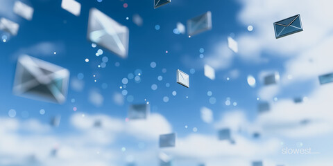 Flying envelopes against a picturesque, dreamy sky, symbolizing communication and connection in a digital age. The scene evokes a sense of freedom and vastness.