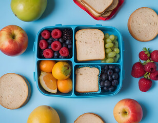 healthy breakfast with bread, Wholesome lunchtime concept portrayed from a top-down view. The lunchbox holds nutritious sandwiches, fruits, nuts and berries on blue isolated background, offering copie