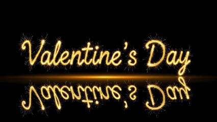 Valentines day sparkly text on black background with reflection