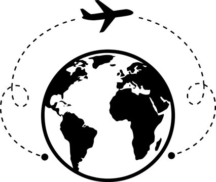 Airplane flying a dotted path around a globe symbol. World travel concept. Vector icon for tour operator, airline, travel agency