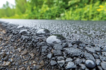 A close-up of water droplets on a textured asphalt surface, surrounded by greenery, showcasing the interaction between nature and man-made materials.