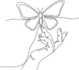 Isolated a One continuous line drawing of hand holding butterfly. Beautiful flying moth for wellbeing beauty or spa salon logo in simple linear style. Editable stroke. Doodle outline vector art with w