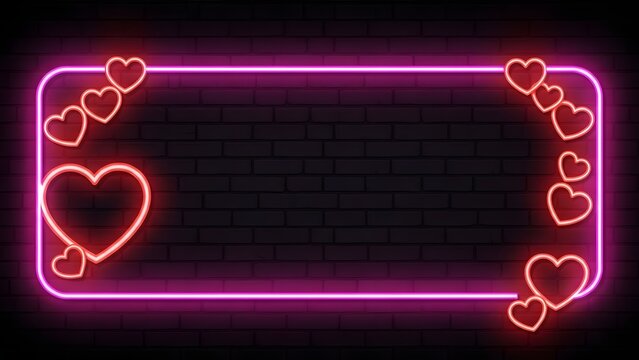 Neon pink heart frame on black brick wall background with glowing hearts - Powered by Adobe