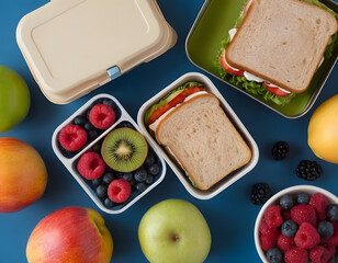 healthy breakfast with bread, Wholesome lunchtime concept portrayed from a top-down view. The lunchbox holds nutritious sandwiches, fruits, nuts and berries on blue isolated background, offering copie