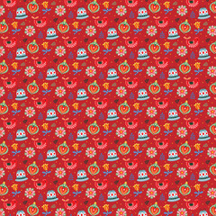 Festive Christmas Pattern With Bells, Flowers, Birds, and Hearts on Red Background for Decorations