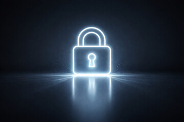 A glowing neon blue padlock icon symbolizing digital security and protection on a dark, reflective surface.