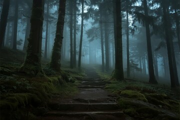 Obraz premium Misty forest path winding through tall trees with moss-covered ground and foggy atmosphere