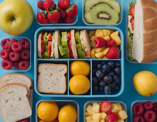 healthy breakfast with bread, Wholesome lunchtime concept portrayed from a top-down view. The lunchbox holds nutritious sandwiches, fruits, nuts and berries on blue isolated background, offering copie