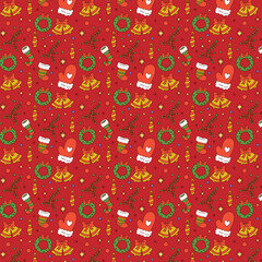 Christmas Pattern With Ornaments, Wreaths, Mittens, And Bells On Red Background For Holiday Decor
