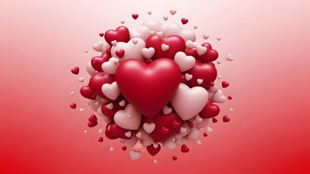 A cluster of red and pink hearts on a gradient red background for valentines day or love themed designs and decorations - Powered by Adobe
