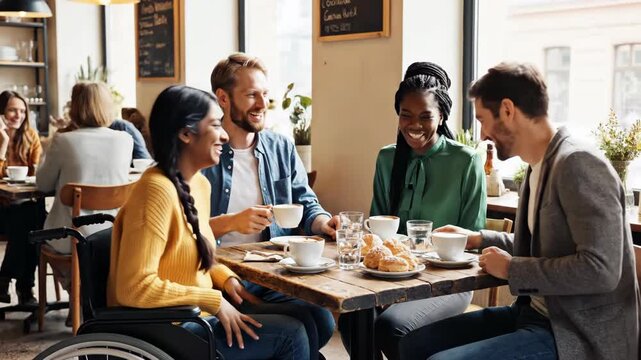 Happy diverse friends socializing at a cafe table with coffee and pastries. Inclusive group including a woman in a wheelchair laughing together. Friendship and lifestyle concept