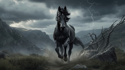 Horse galloping in stormy mountains