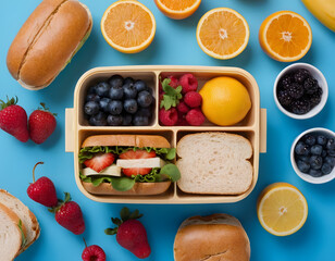 healthy breakfast with bread, Wholesome lunchtime concept portrayed from a top-down view. The lunchbox holds nutritious sandwiches, fruits, nuts and berries on blue isolated background, offering copie