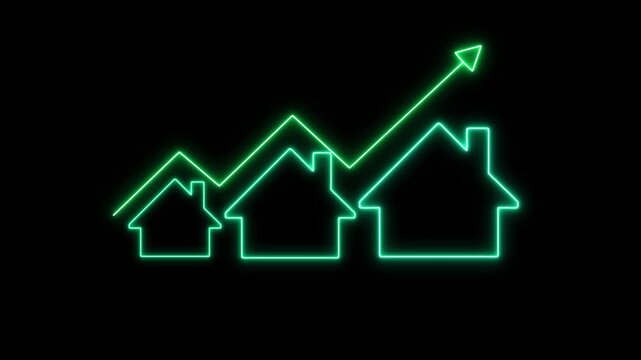 Glowing neon line House under protection icon with up arrow isolated on black background. Video animation of a glowing light drawing a neon outline of houses decreasing in size. House, home building.