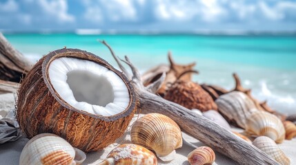 Tropical beach scene with a halved coconut, seashells, and driftwood.