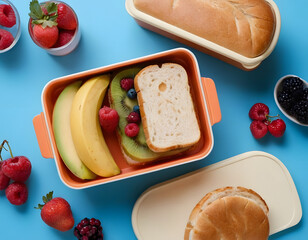 healthy breakfast with bread, Wholesome lunchtime concept portrayed from a top-down view. The lunchbox holds nutritious sandwiches, fruits, nuts and berries on blue isolated background, offering copie