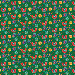 Festive Christmas Ornament Pattern With Colorful Birds, Baubles, And Stars On Green Background