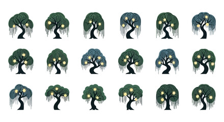 A collection of stylized dark green trees with glowing yellow orbs and weeping tendrils on a white background.