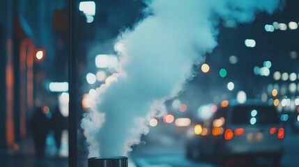 Steam rising from a city street vent at night, blurred city lights in background.