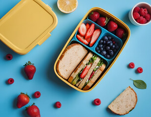 healthy breakfast with bread, Wholesome lunchtime concept portrayed from a top-down view. The lunchbox holds nutritious sandwiches, fruits, nuts and berries on blue isolated background, offering copie