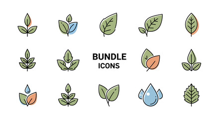 A bundle of diverse line art icons featuring various stylized leaves and water drops with subtle color accents, ideal for nature and eco-friendly designs.