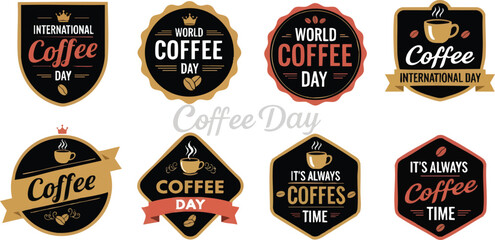 International Coffee Day Badge Collection: Flat Vector Logos and Labels for Cafe Branding and Social Media