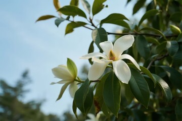 Obraz premium White magnolia flowers blooming on a tree branch with green leaves against a clear sky
