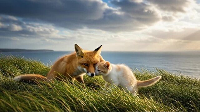 Fox and kitten friends interacting on a grassy cliff overlooking the ocean at sunset.