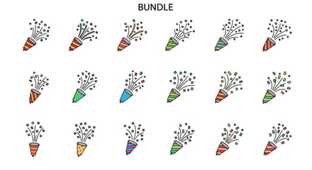 A bundle of colorful hand-drawn party popper icons with bursting confetti, perfect for celebrations and festive occasions.