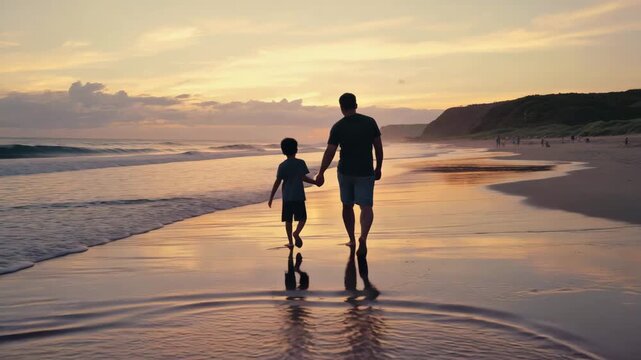  Camera slow lateral dolly tracking slightly behind and to the side of the father and son; slight handheld micro-sway for natural cinematic feelScene empty beach during sunset, wet sand re 4K