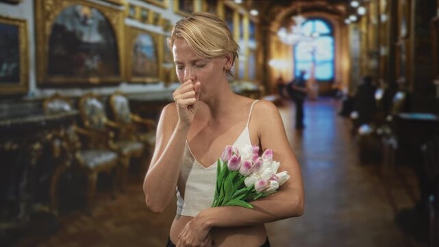 Woman holds pink tulips and coughs into her fist in an ornate building filled with paintings and chairs; vulnerability fatigue.