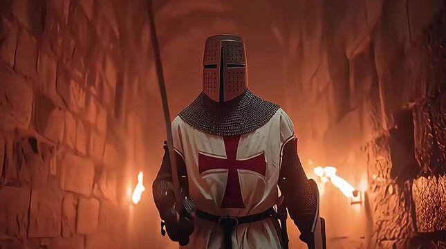 A Templar Knight Standing Firm in a Dimly Lit Medieval Castle Corridor