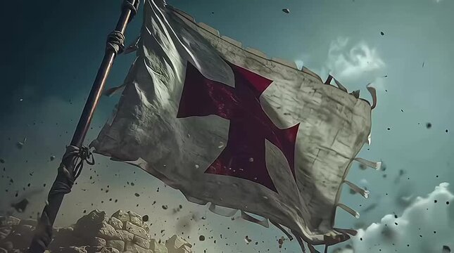 Cinematic close-up shot of a Templar knight's flag waving in the turbulent sky