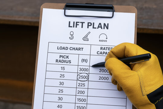 Lift plan with load chart and pick radius details for crane operation ensuring safety measures are followed during lifting tasks on site