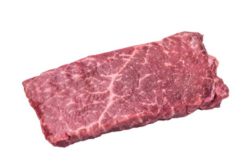 Obraz premium Raw wagyu topside beef with rich marbling isolated on white background. Premium red meat cut for gourmet cooking and butchery use.
