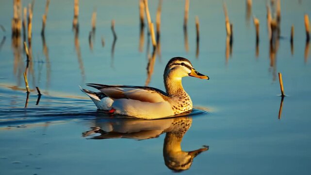 Camera slowly tracks a lone duck swimming across still golden water at sunset Backlight from low sun creates shimmering reflections and glowing ripples Gentle water motion and soft lens 4K 