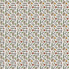 Whimsical Floral Pattern With Leaves, Bells, and Flowers on White Background