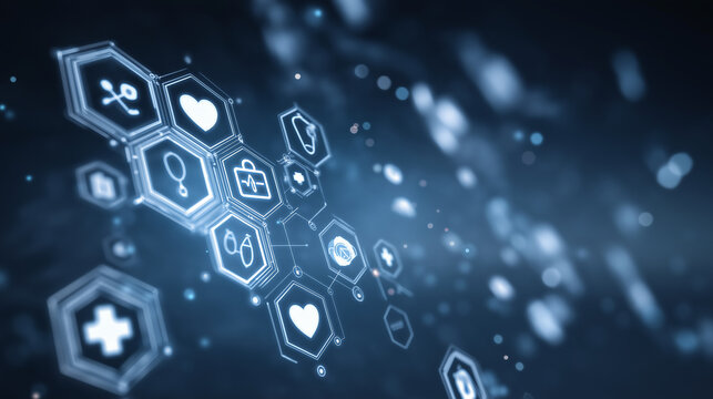 Healthcare innovation abstract concept, digital medical icons, glowing connections, futuristic blue background, clean design, ultra sharp