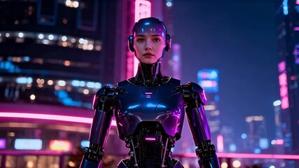 Cybernetic humanoid in neon city - Powered by Adobe