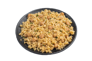 Homemade Turkish bulgur pilav nohutlu with chickpeas and thyme on black plate dark food background isolated