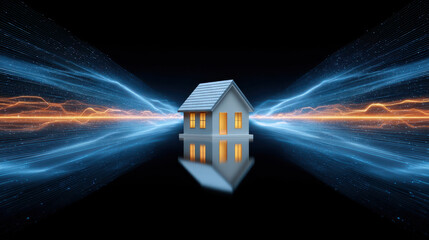 Floating miniature house with warm window light reflected on glossy surface, surrounded by dynamic blue and orange light trails suggesting high tech connectivity and energy flow