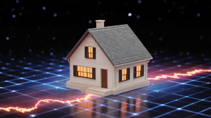 Cozy miniature house on digital grid, glowing windows, pixelated floating model, futuristic data wave, night sky ambiance