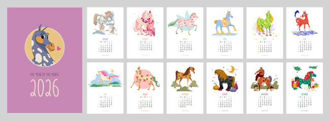 Professional 2026 monthly calendar template set featuring 12 unique horse mascot illustrations in a modern flat vector style for the Chinese Year of the Fire Horse. Vertical pages A4 format