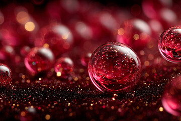 Macro photography of red translucent gel spheres containing golden glitter particles with bokeh