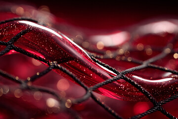 Macro close-up of thick red viscous fluid caught in black mesh net with organic texture contrast